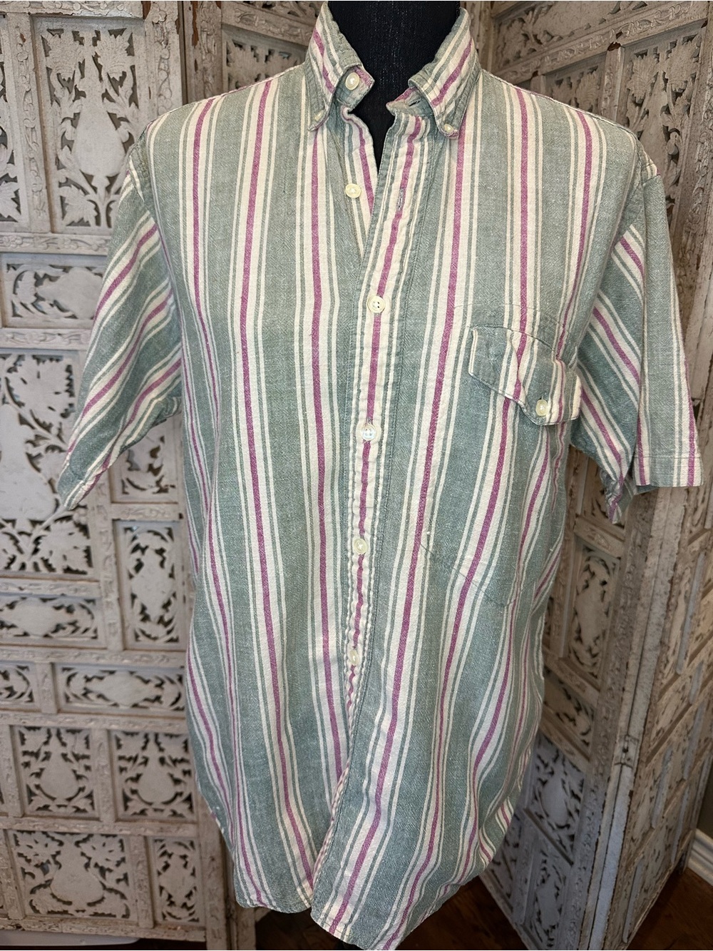 Gant Salty Dog Short-Sleeve Button-Down Shirt in Green, White & Pink Stripes